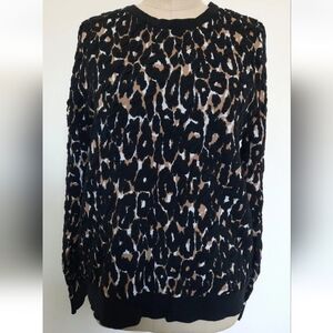 INC Size XL Knit Textured Sweater Long Sleeves Black Tan White Animal Print